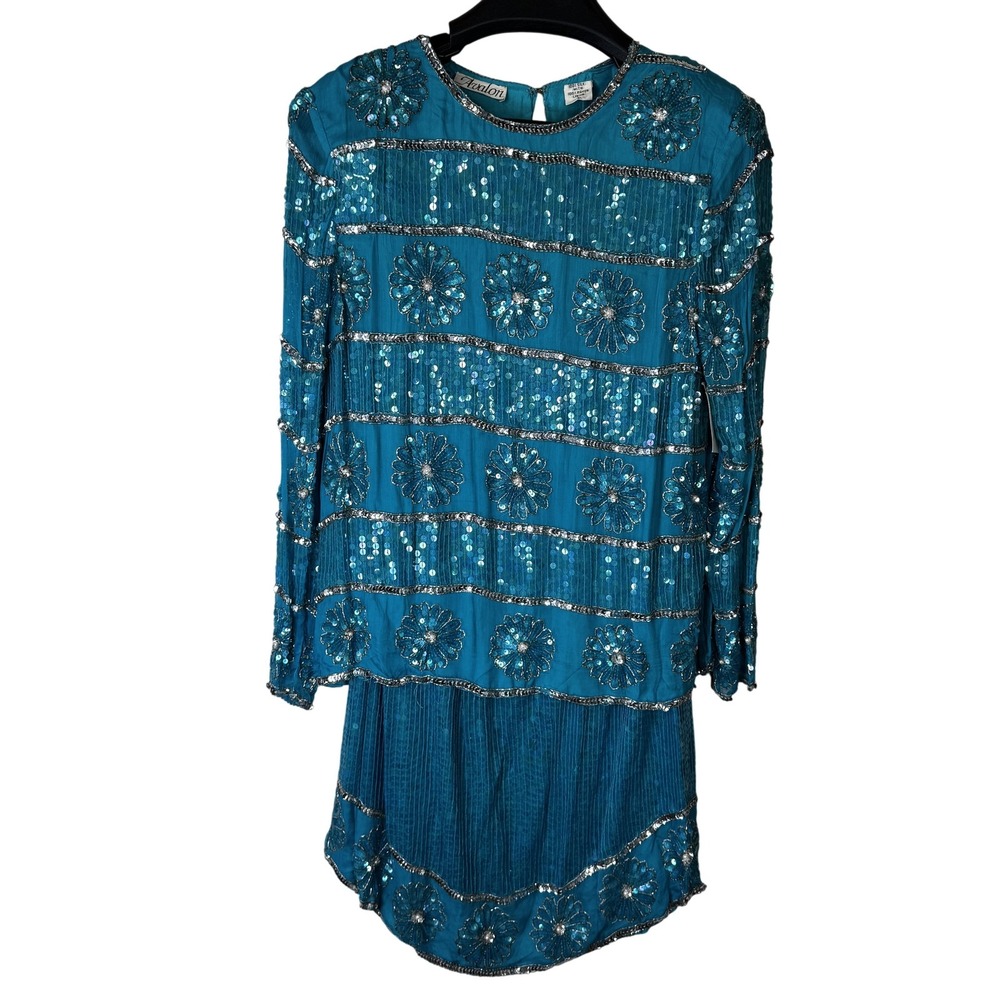 Avalon Dress Womens Large Sequin Silk‎ 2 Piece Floral Sheer Tunic Skirt Lined